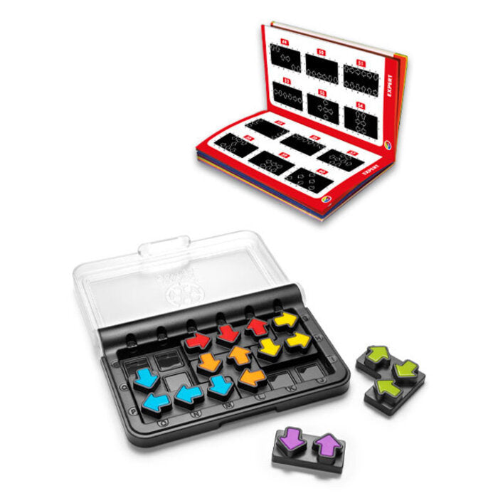 Smart Games IQ Arrows puzzle set with colorful arrow tiles in a black case
