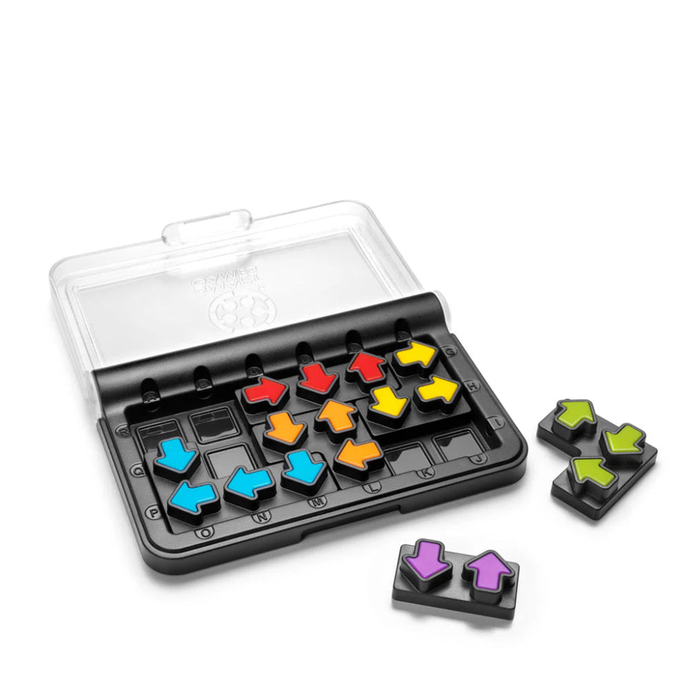 Smart Games IQ Arrows puzzle set with colorful arrow tiles in a black storage case