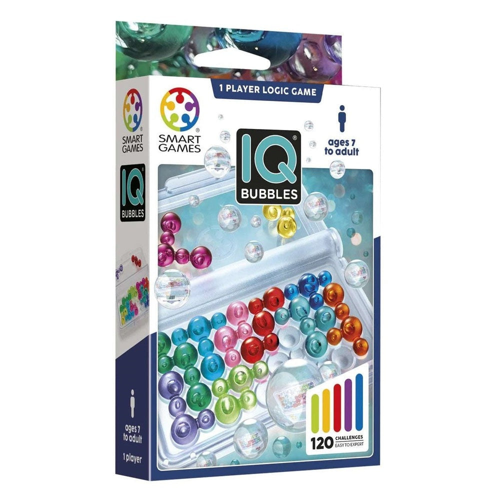 IQ Bubbles puzzle game by SmartGames, 1-player educational toy with colorful beads in a blue box