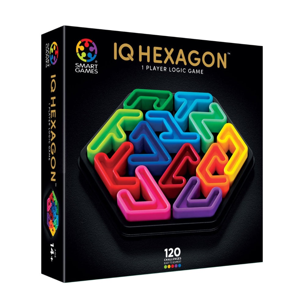 IQ Deluxe Hexagon puzzle by Smart Games; colorful 3D interlocking hexagon pieces, 120 challenges.