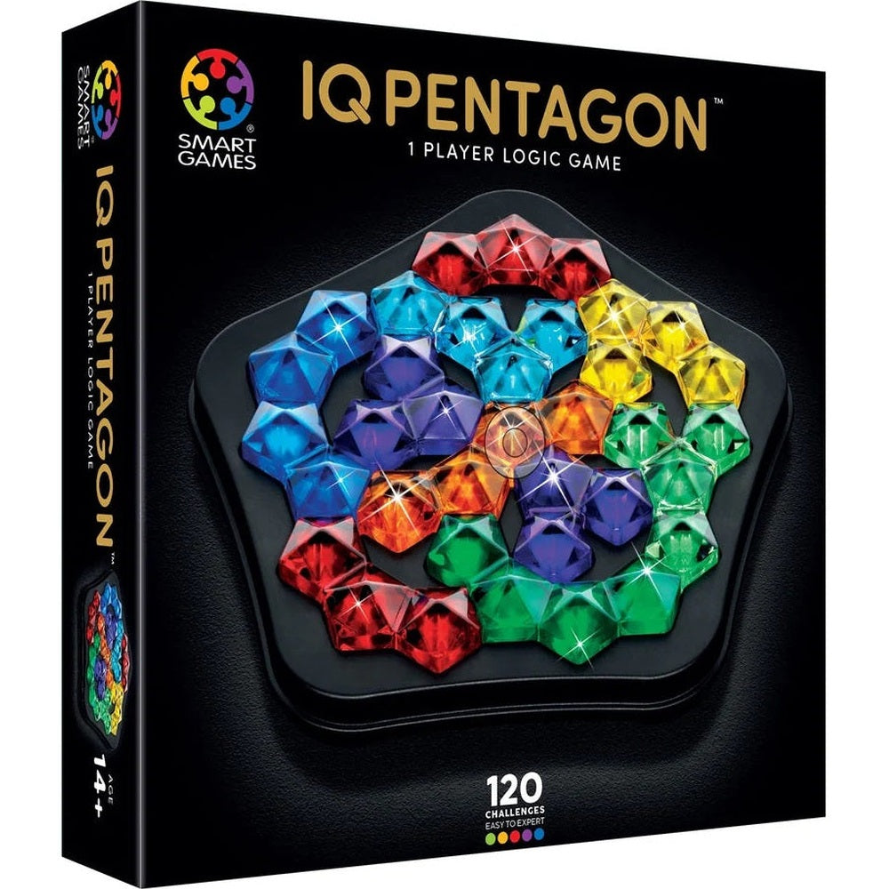 IQ Deluxe Pentagon puzzle game by Smart Games; colorful gemstone pieces arranged in a hexagon, 120 challenges