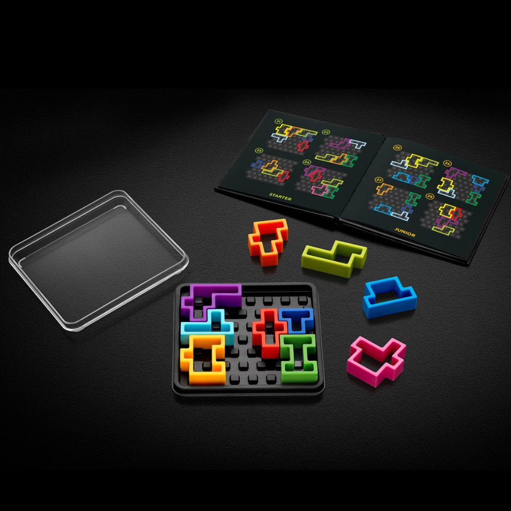 Smart Games IQ Deluxe Square puzzle set with colorful interlocking pieces in a black tray and open instruction booklet
