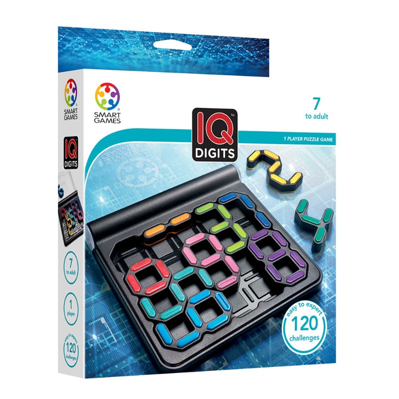 IQ Digits puzzle by Smart Games with colorful modular tiles on a black tray and 120 challenges