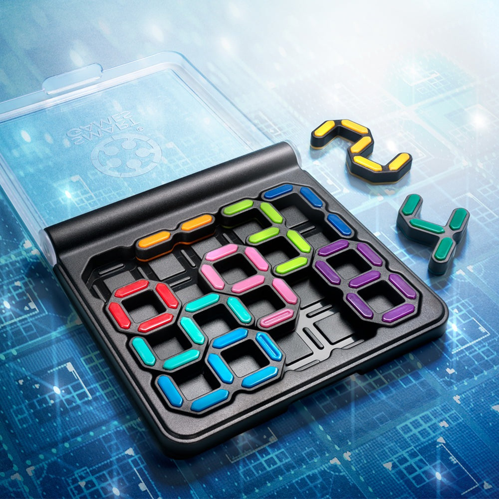 Smart Games IQ Digits puzzle game with colorful number tiles on a black grid tray and clear case