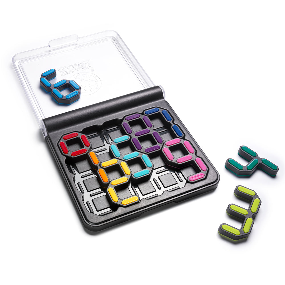 SmartGames IQ Digits puzzle set with colorful modular digits in a portable case