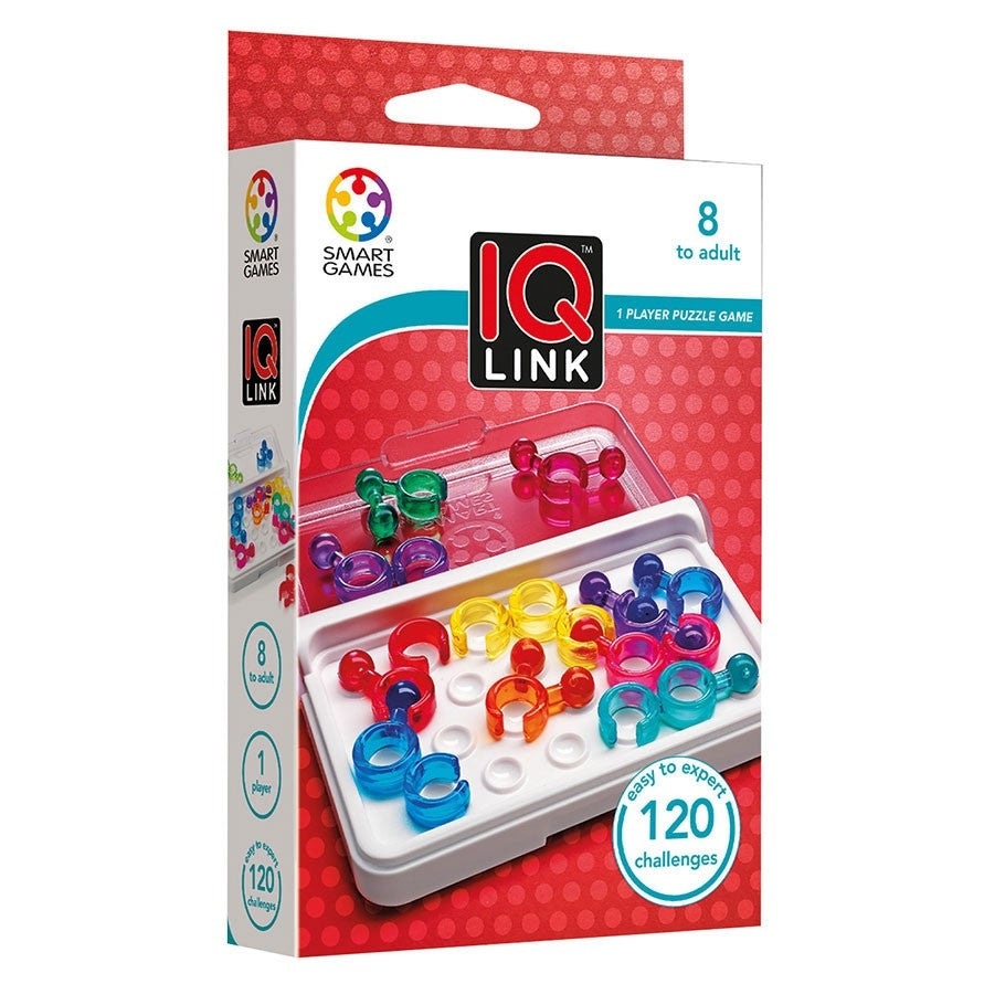 IQ Link puzzle game by SMART GAMES; colorful plastic rings on a white tray, 120 challenges, 1 player