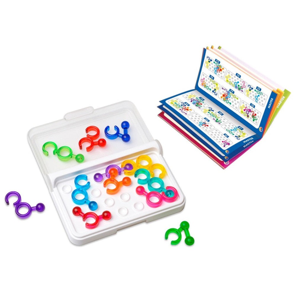 Smart Games IQ Link puzzle set with colorful rings in a white tray and booklet, SMART GAMES brand.