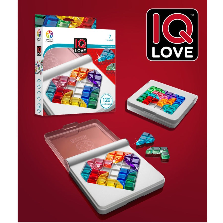 Smart Games IQ Love puzzle game; rainbow translucent blocks in white tray, 120 challenges