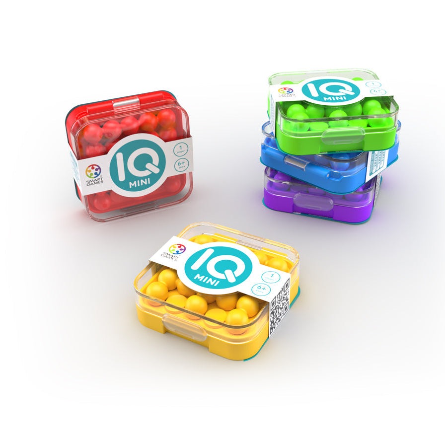 IQ Mini Smart Games toy set; four transparent cases in red, yellow, green and purple filled with balls.