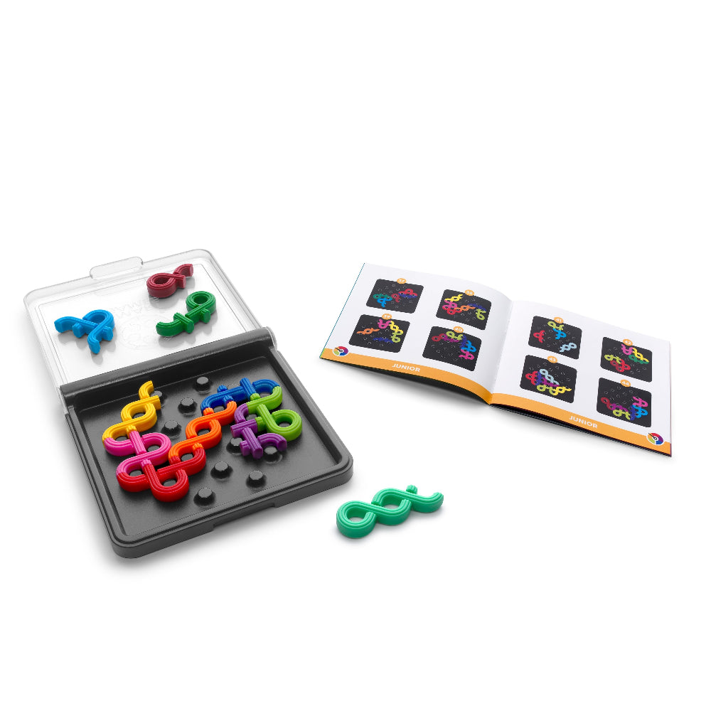 Smart Games IQ Noodles puzzle set with colorful plastic noodles in black tray and instruction booklet