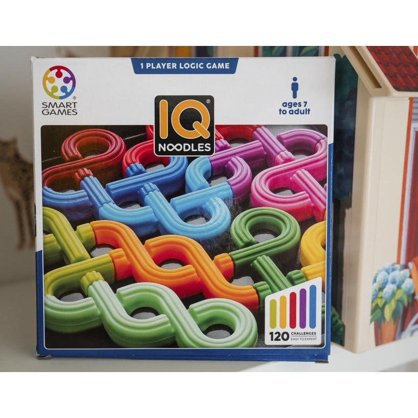 IQ Noodles puzzle by Smart Games, colorful interlocking noodles with 120 challenges