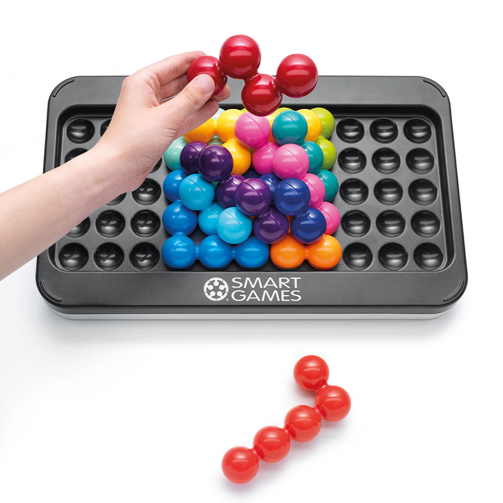 Smart Games IQ Puzzler Pro XXL puzzle on a black pegboard with colorful spheres for stacking
