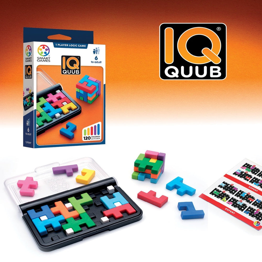 IQ Quub puzzle game packaging with colorful puzzle pieces on an orange gradient background
