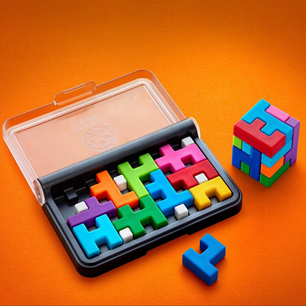 Colorful puzzle blocks with a carrying case on an orange background