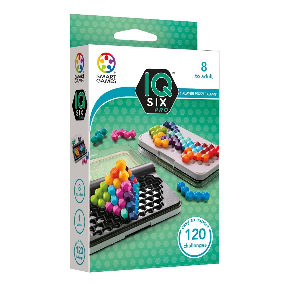 IQ Six Pro puzzle game by Smart Games with colorful hexagon tiles, 120 challenges for ages 8 to adult