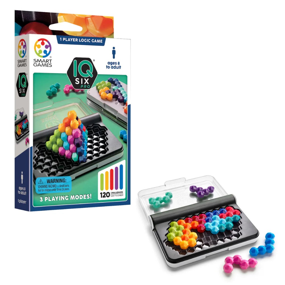 Smart Games IQ Six Pro puzzle game with multicolor hex beads on black tray and lid, 120 challenges.