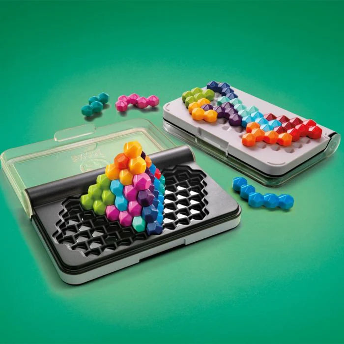 Smart Games IQ Six Pro puzzle set with two trays of rainbow-colored hex beads.