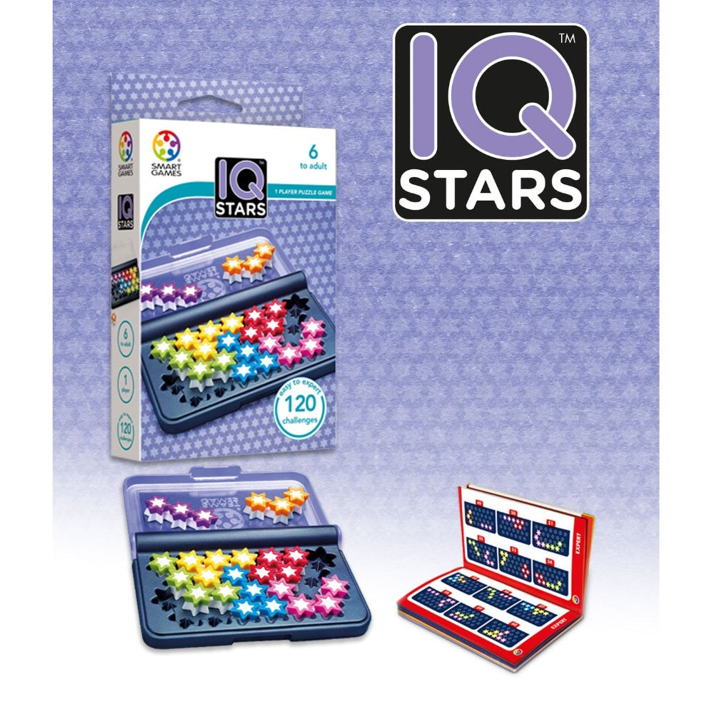 IQ Stars puzzle game by Smart Games; colorful star pieces in a blue storage case with the product box