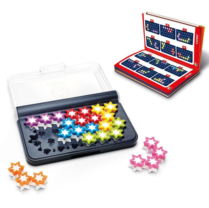 Smart Games IQ Stars puzzle set with colorful star pieces in a black carrying case and open instruction box