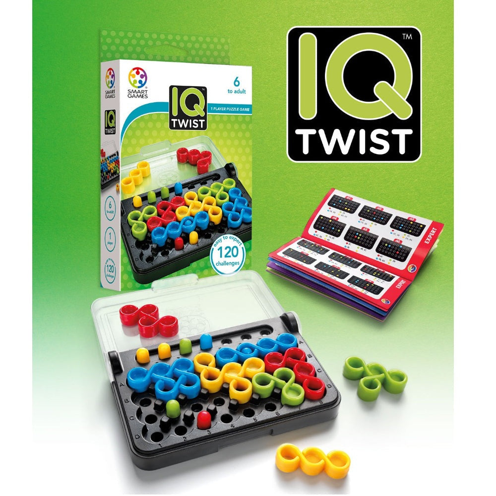 Smart Games IQ Twist puzzle game with colorful rings on a black tray, box, and challenge booklet
