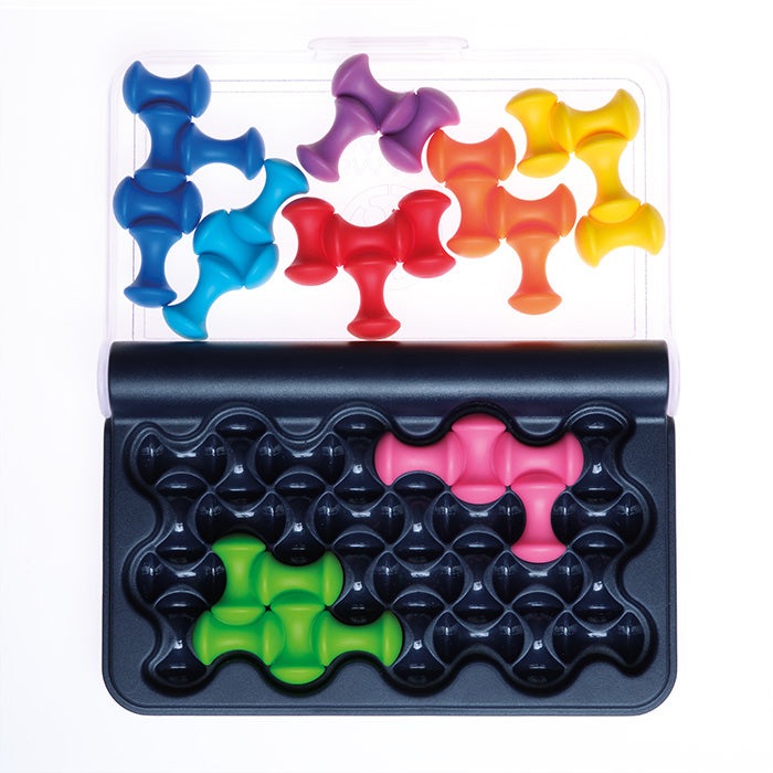 Smart Games IQ Waves puzzle in travel case with colorful cross-shaped pieces in blue, purple, red, pink, green and yellow