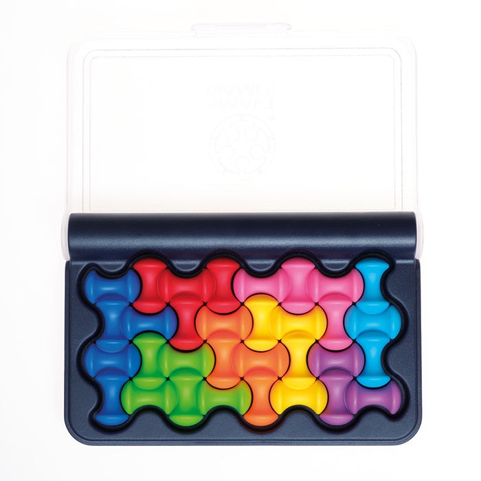 Smart Games IQ Waves puzzle in blue case with colorful interlocking wave pieces