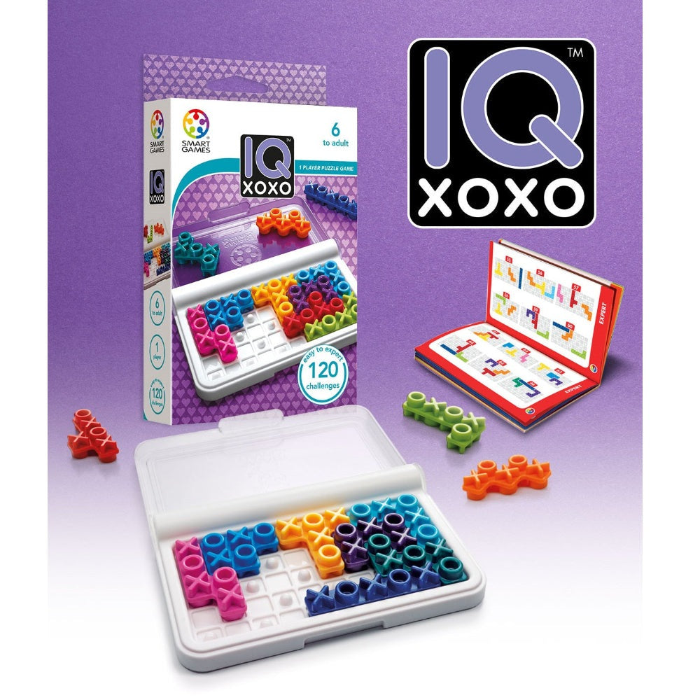IQ XOXO puzzle game by Smart Games; colorful interlocking tiles in a white tray with 120 challenges