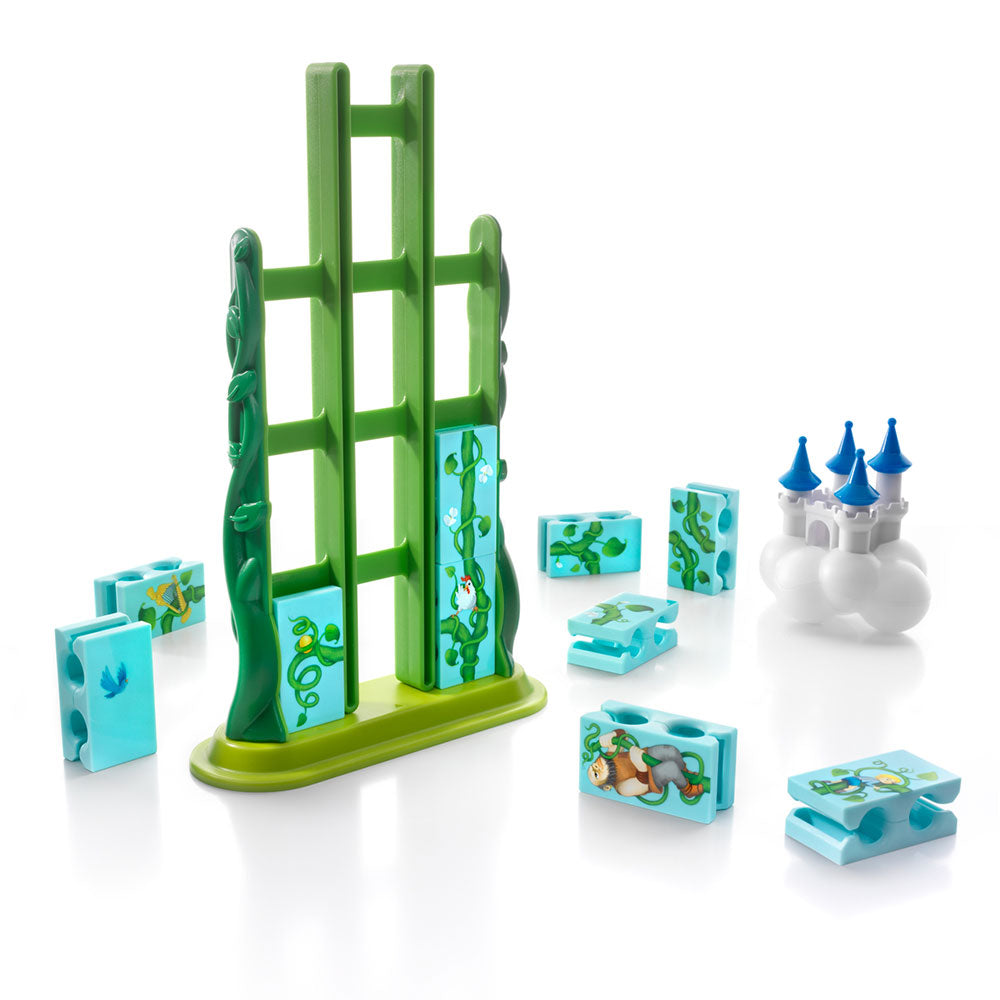 SmartGames Jack & The Beanstalk puzzle set with green rack, turquoise blocks, and castle pieces