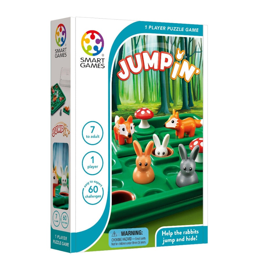 Jump In puzzle game by Smart Games for 1 player featuring colorful bunny figures and 60 challenges