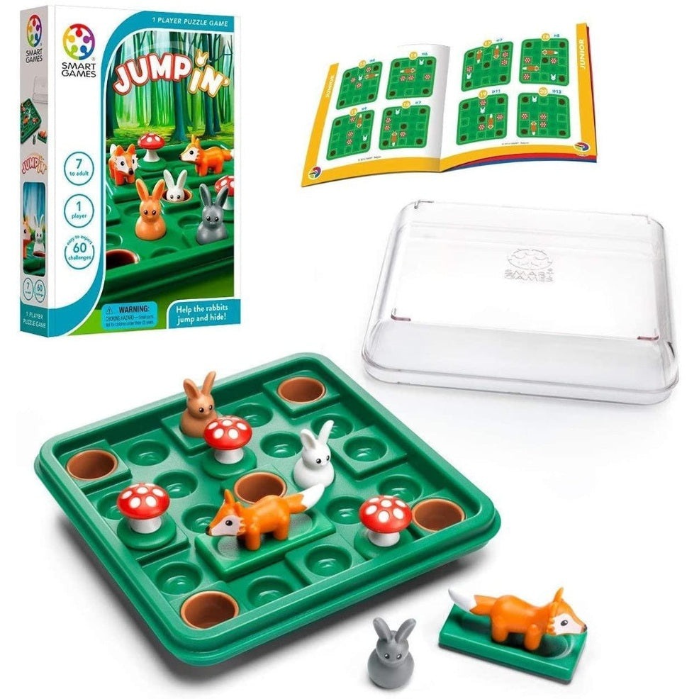 Smart Games Jump In puzzle game; green board with rabbit and mushroom pieces, includes lid