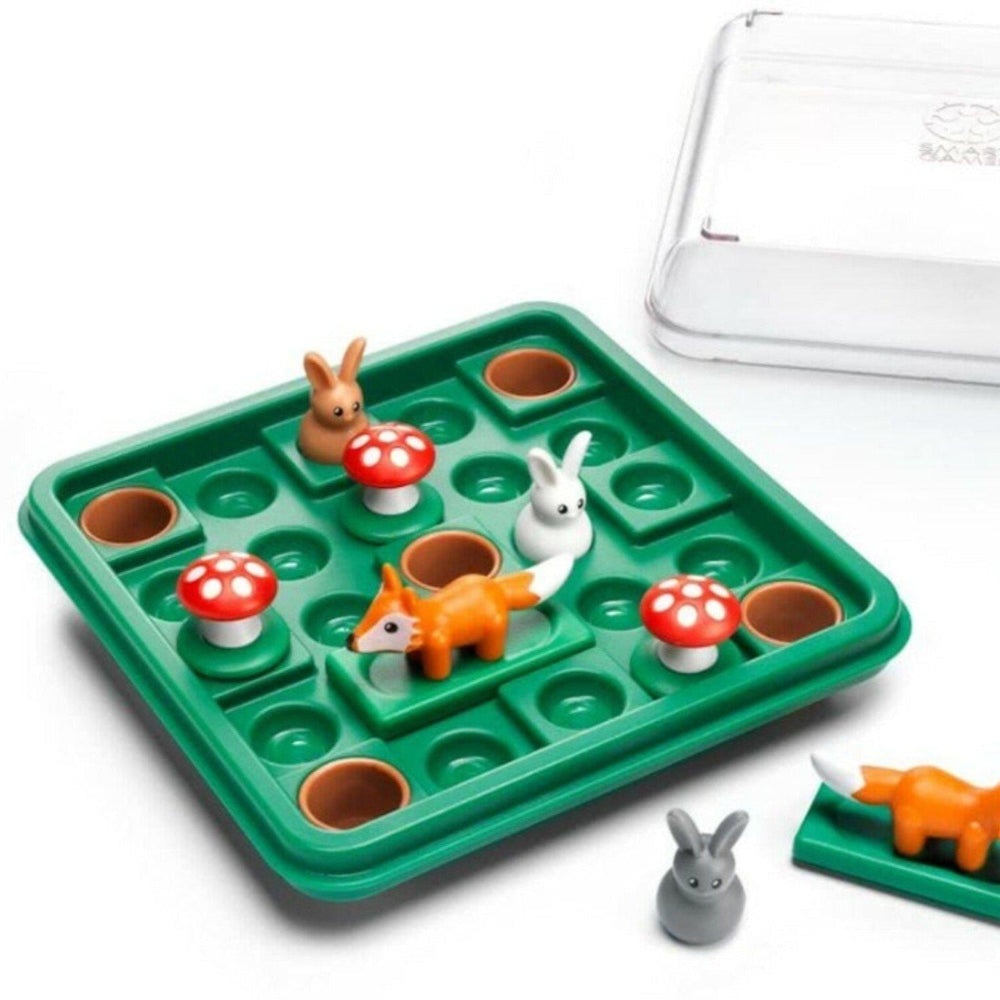Smart Games Jump In puzzle board with 4 animal figures and red mushrooms