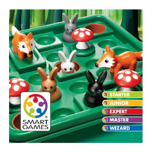 Smart Games Jump In XXL educational toy, featuring colorful woodland animal figures on a green game board