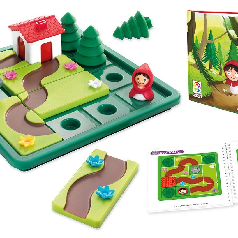 Smart Games Little Red Riding Hood Deluxe board game by SMART GAMES with green modular tiles and forest scenery.