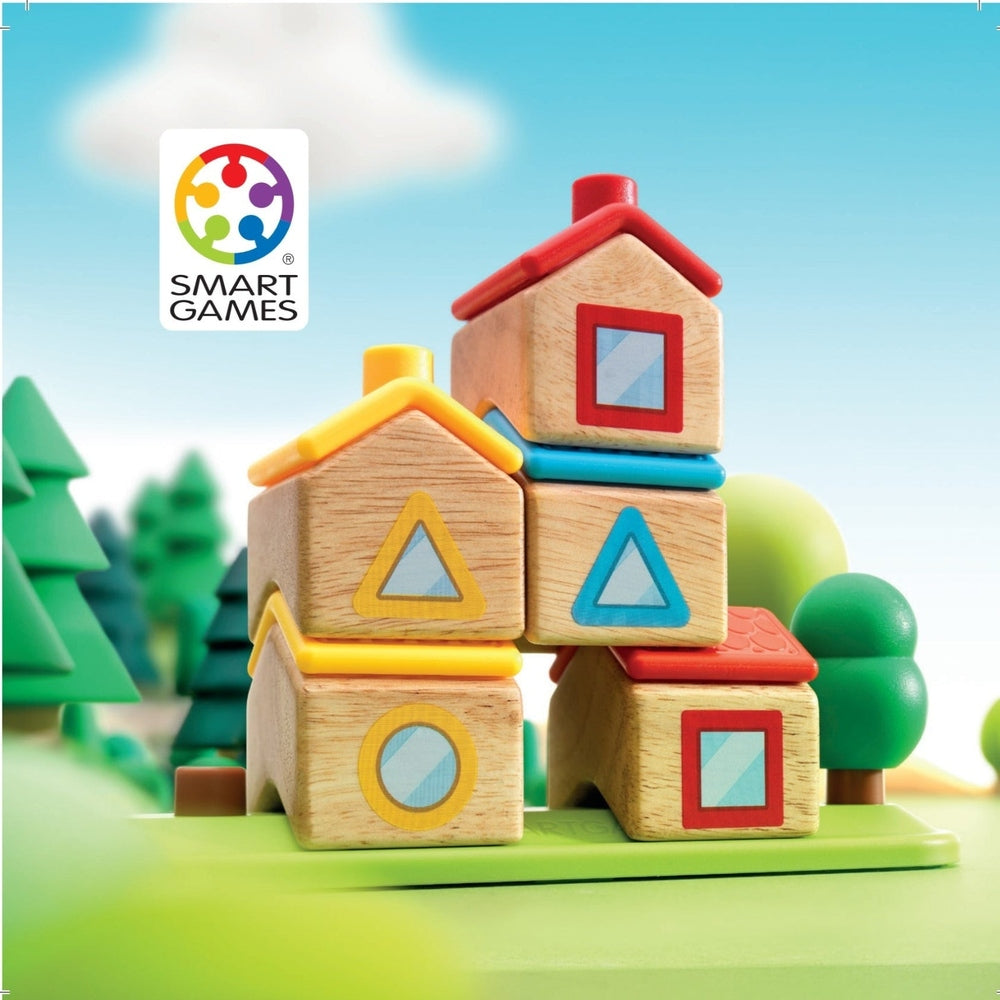 Colorful wooden building blocks with Smart Games logo against a bright outdoor background