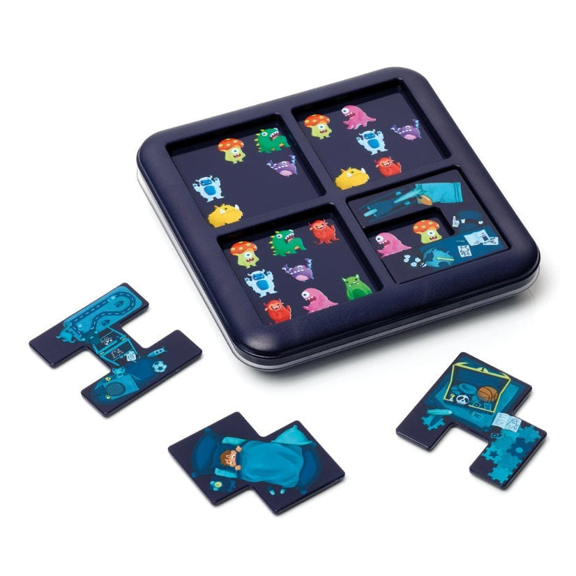 Smart Games Monsters Hide & Seek puzzle set in a blue tin with colorful monster tiles