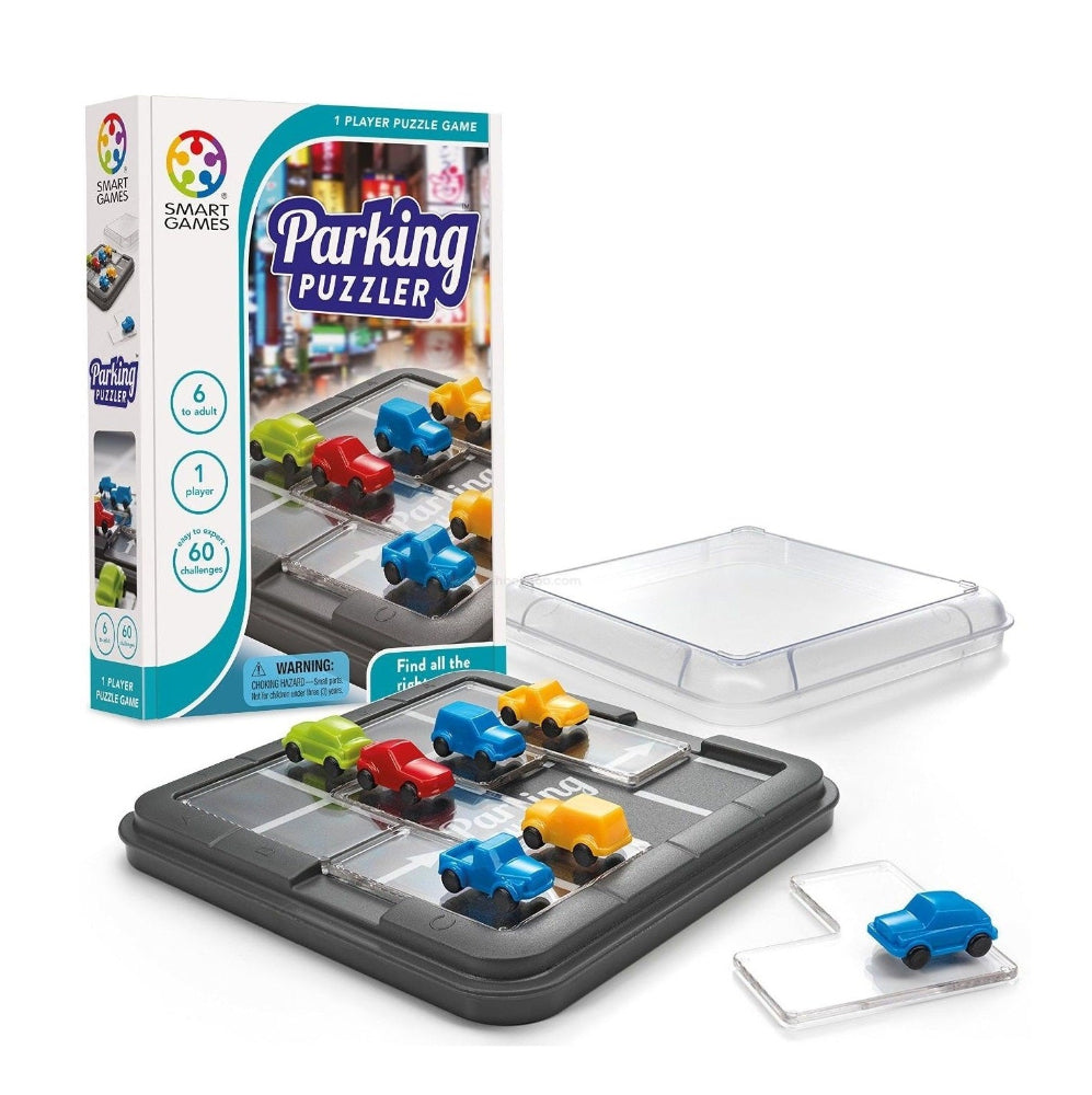 Smart Games Parking Puzzler board game with colorful cars on a grid and clear lid