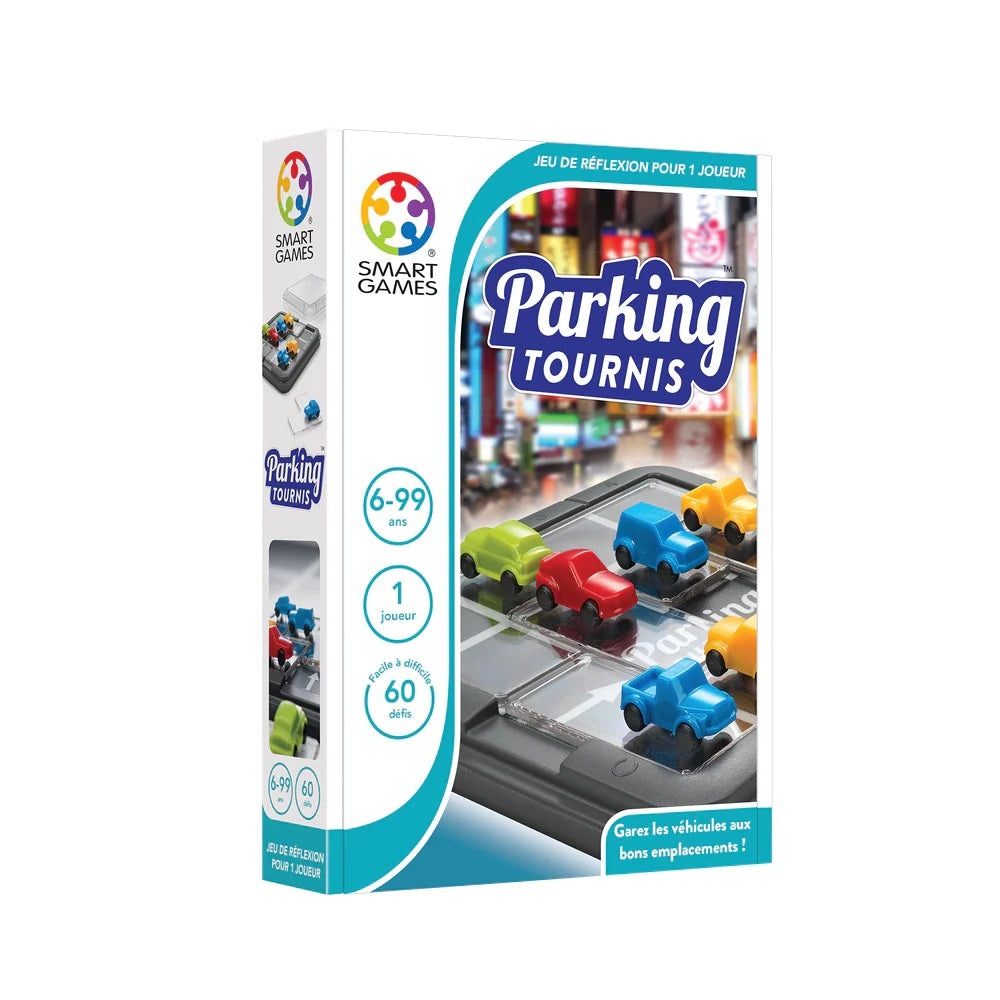 Parking Tournis by SMART GAMES; a one-player kids' board game with colorful cars on a parking-track scene.
