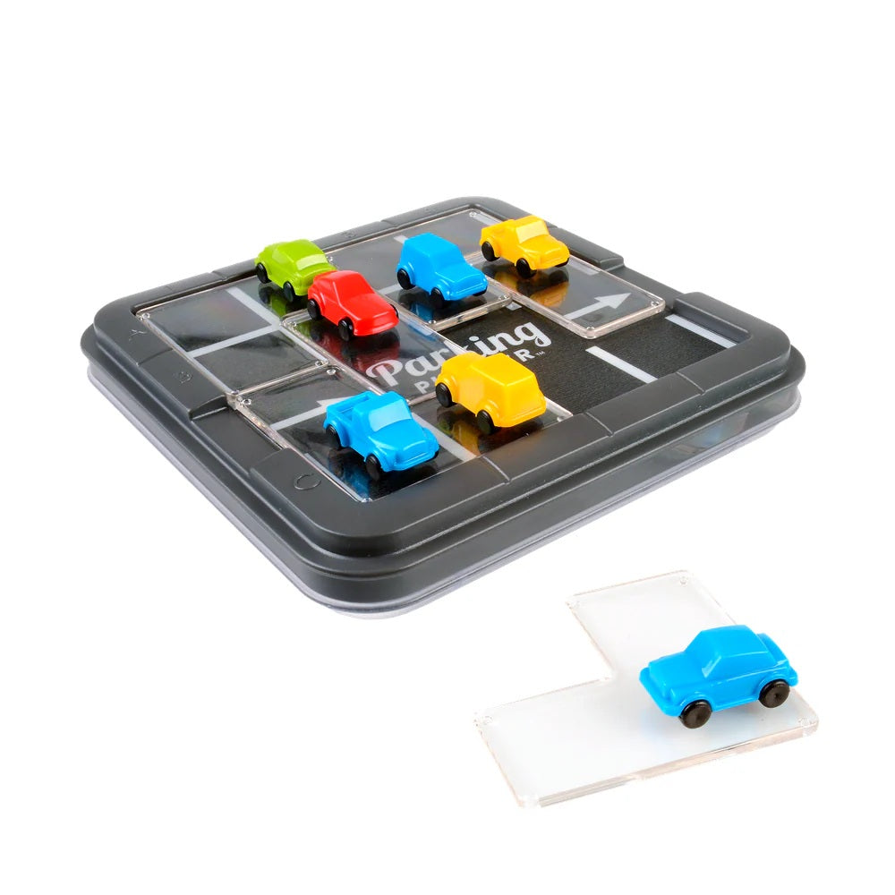 Smart Games Parking Tournis board game with colorful cars on a parking grid; blue car moves on a separate ramp.