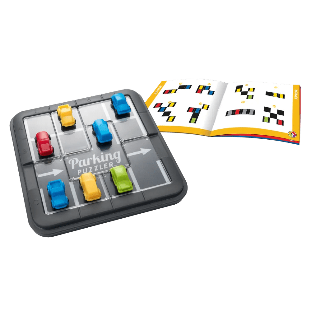 Smart Games Parking Tournis board game with colorful cars arranged on a gray parking grid beside the instruction booklet.