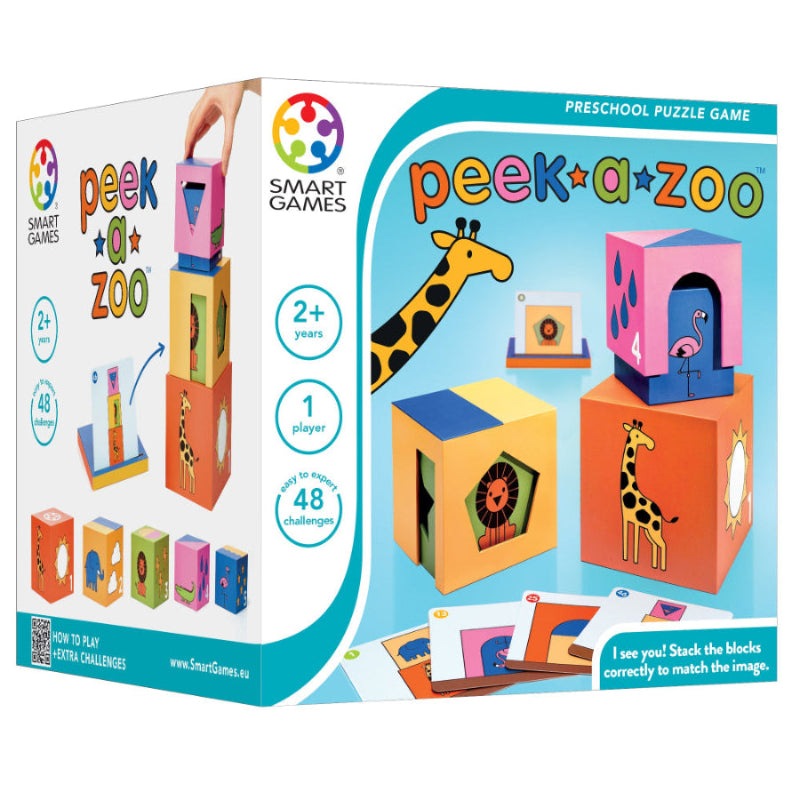 Peek-A-Zoo puzzle game box by SMART GAMES with colorful stackable blocks and animal illustrations for ages 2+