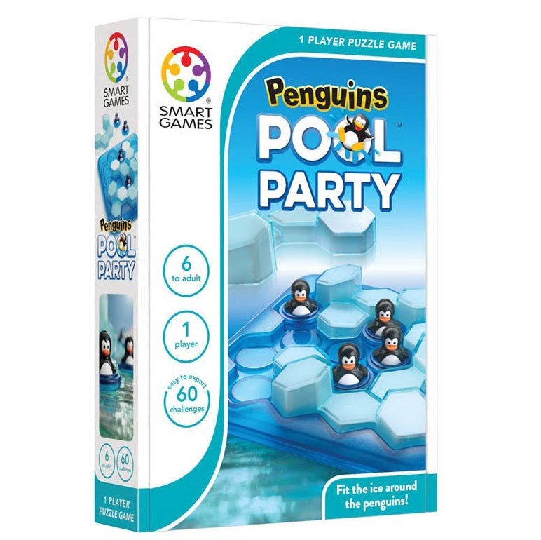 Penguins Pool Party puzzle game by SMART GAMES, 1 player, blue icy board with penguin figures