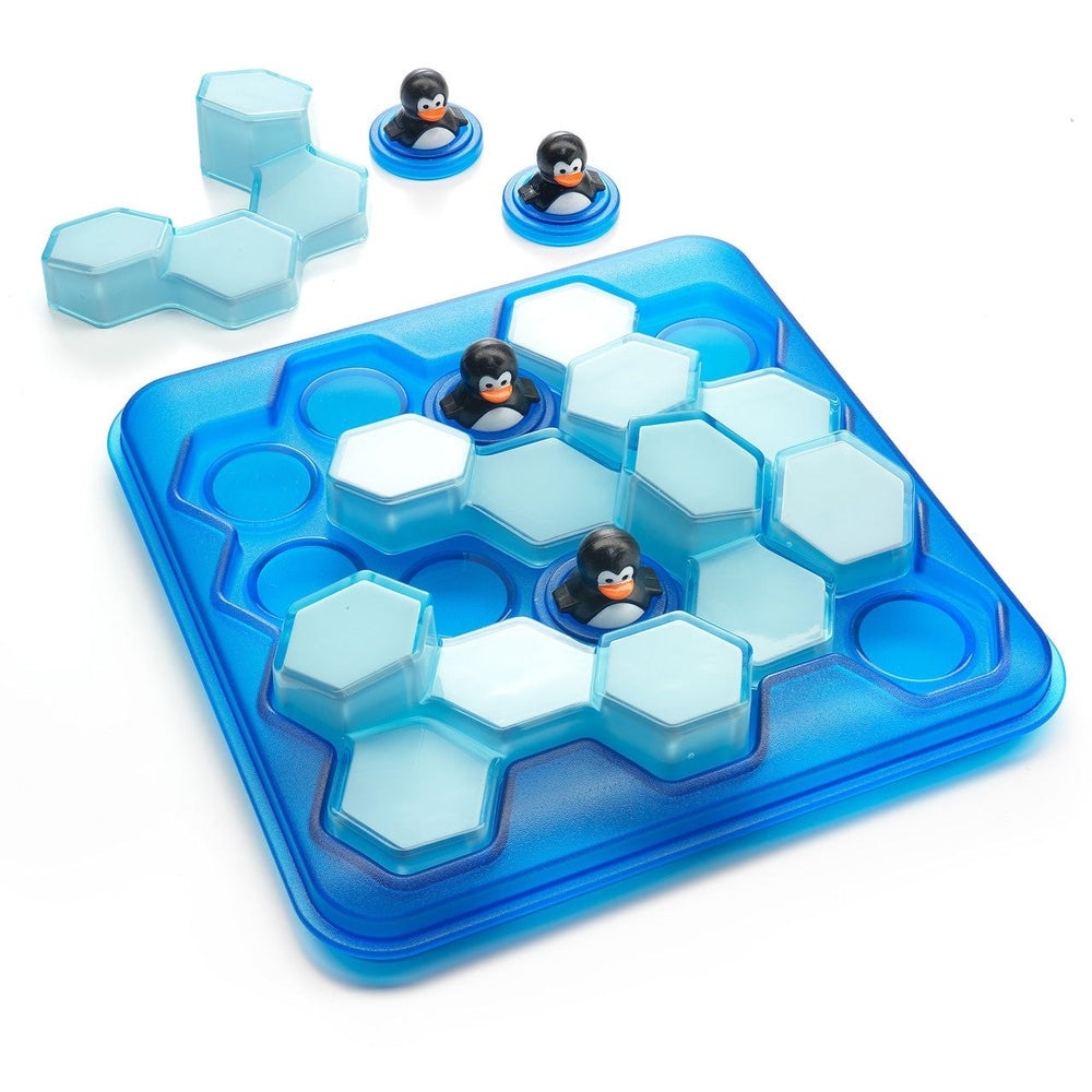 Penguins Pool Party puzzle by Smart Games; blue hexagon ice blocks and penguin figures on a blue tray