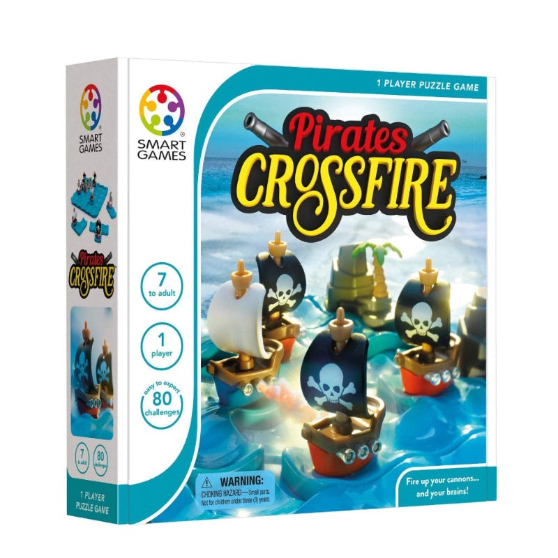 Pirates Crossfire by SMART GAMES; 1-player puzzle game with pirate ships on blue sea.