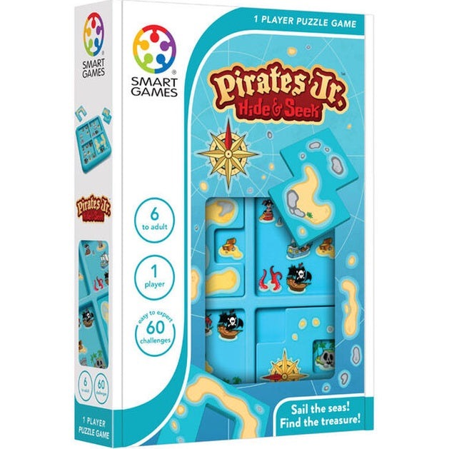 Smart Games Pirates Jr Hide & Seek puzzle game box; blue sea theme, 1 player, educational toy.