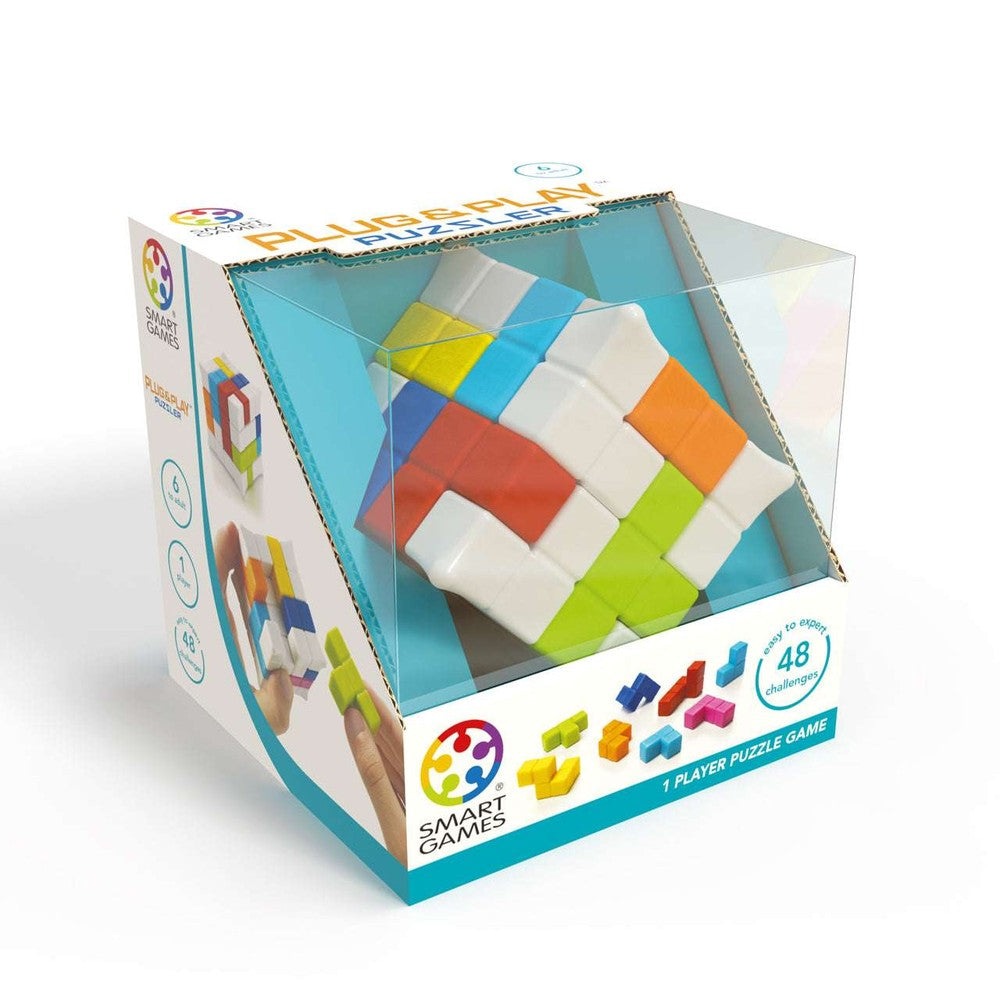 Smart Games Plug & Play Puzzler puzzle game with vibrant multicolor blocks in an open display box by SMART GAMES