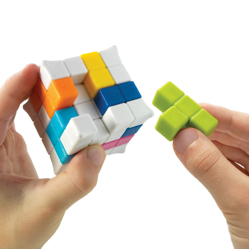 Smart Games Plug & Play Puzzler puzzle cube with lime-green pieces and multicolor blocks