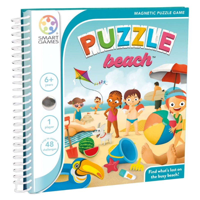 Puzzle Beach magnetic puzzle game by SMART GAMES; colorful beach scene with kids and toys
