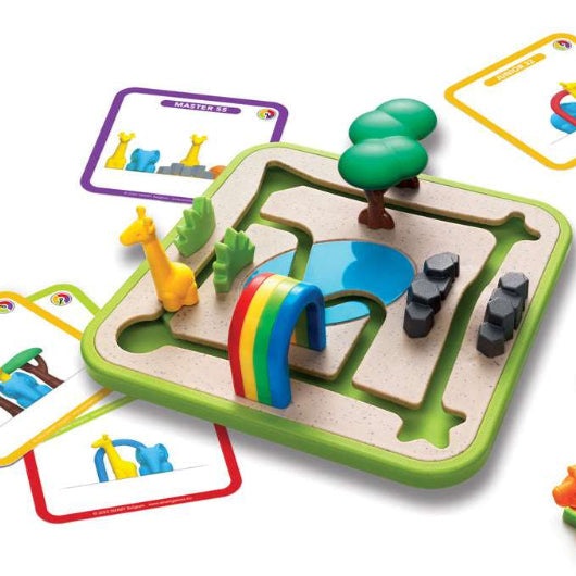 Smart Games Safari Park Jr. educational board game with a colorful path, rainbow arch, trees and animal figures
