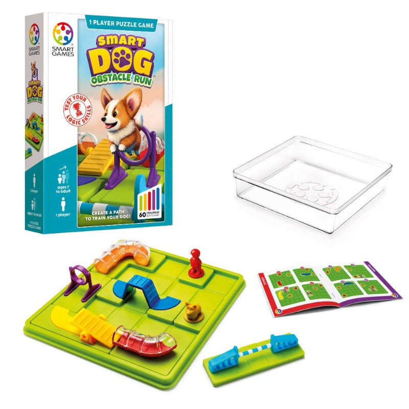 Smart Dog Obstacle Run puzzle game by SMART GAMES with green board, ramps, dog figure, booklet and clear storage box