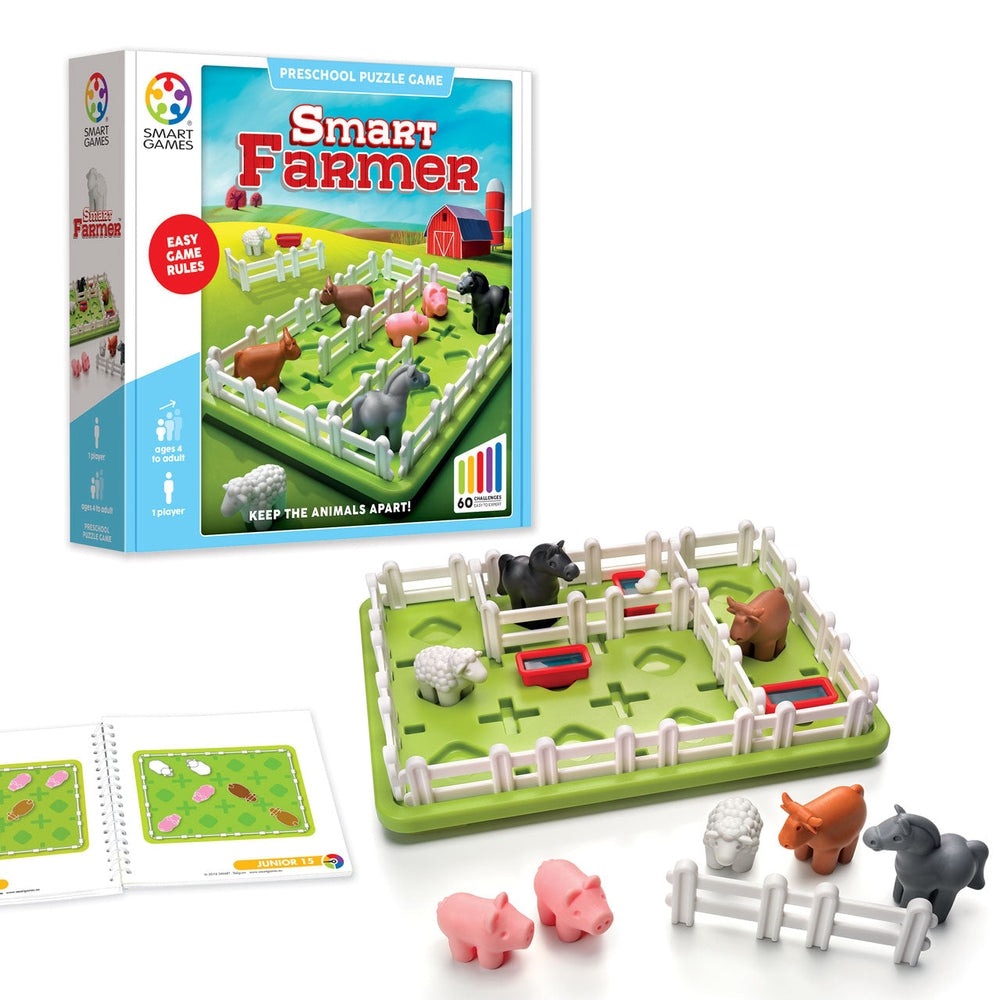 Smart Farmer puzzle game by SMART GAMES; green farm board with white fences and plastic animal figures.